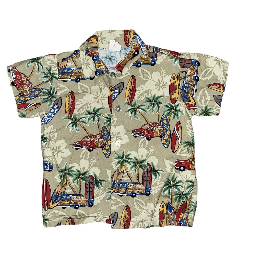 Vintage Hawaiian Shirt Big Boys 6 Green Vintage Car Surfboard Aloha Beach